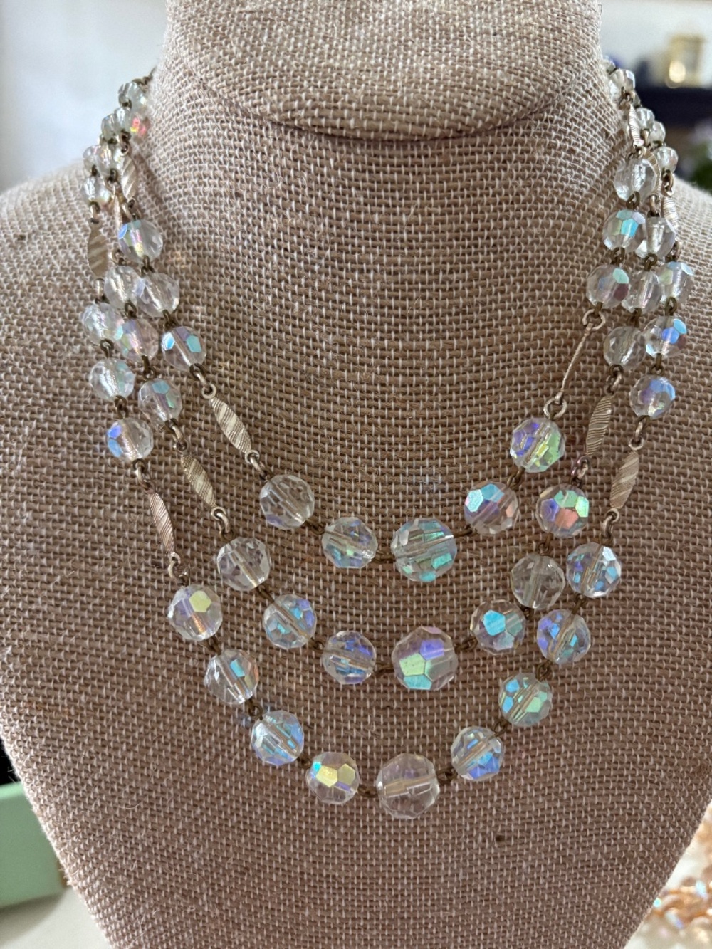 Triple Strand Vintage Aurora Borealis Necklace